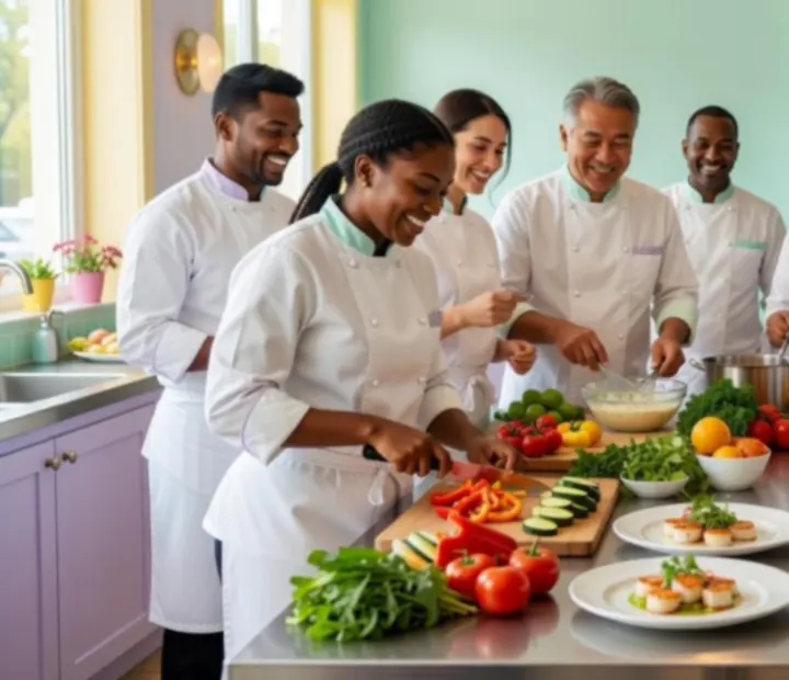 Chef team at Midnight Stack Supper preparing colourful dishes in the open kitchen