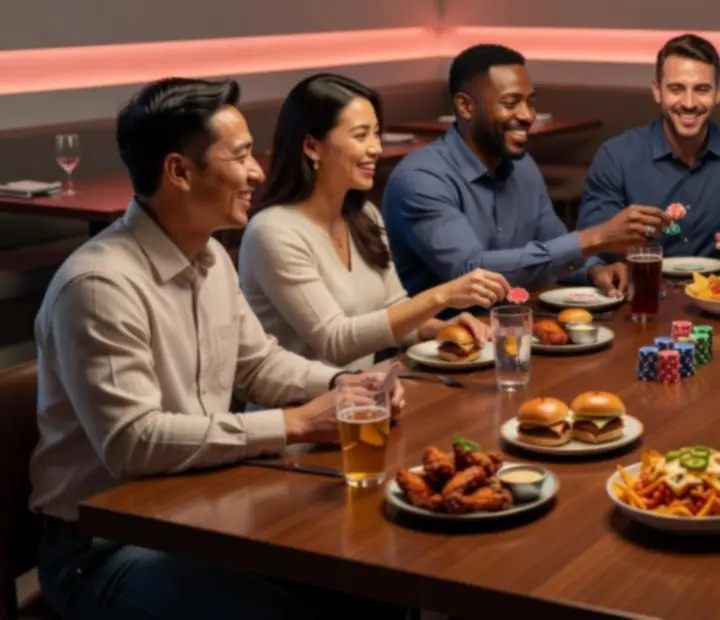 A corporate group enjoying a relaxed offline poker night with dinner
