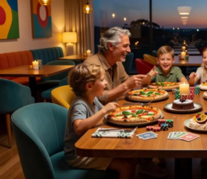 A family enjoying dinner together at Midnight Stack Supper with a friendly poker table nearby