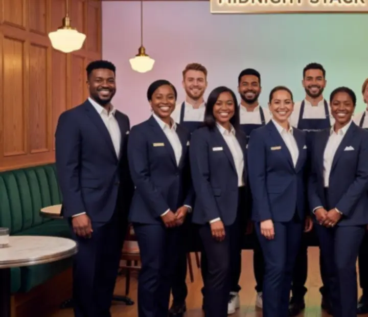 Friendly front-of-house and kitchen team smiling together inside Midnight Stack Supper