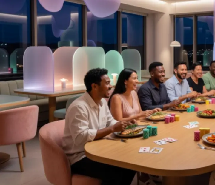 Friends enjoying dinner and an offline poker night at Midnight Stack Supper