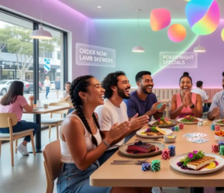 Friends enjoying creative dishes and playful offline poker in a neon-lit, pastel restaurant interior