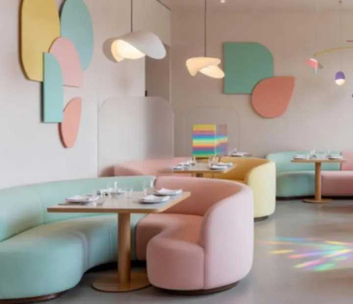 Modern pastel dining space at Midnight Stack Supper with flexible seating