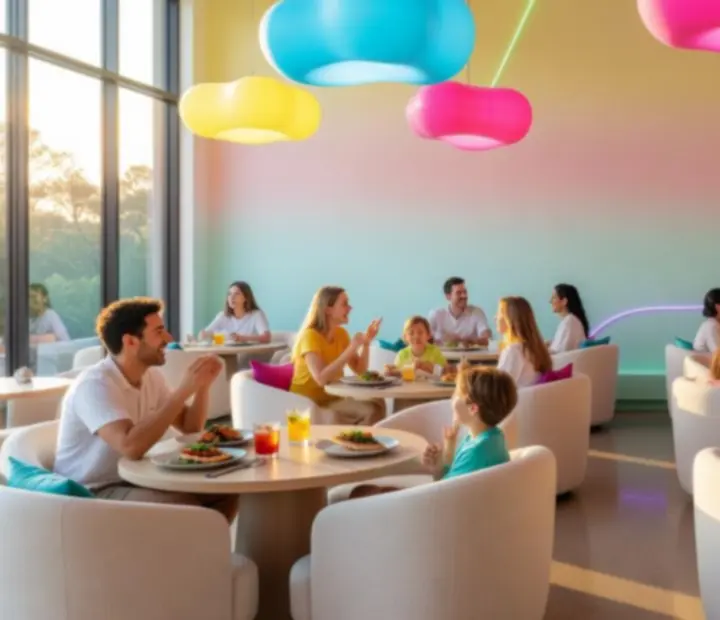 Bright, modern restaurant interior with friends enjoying dinner in a relaxed social setting