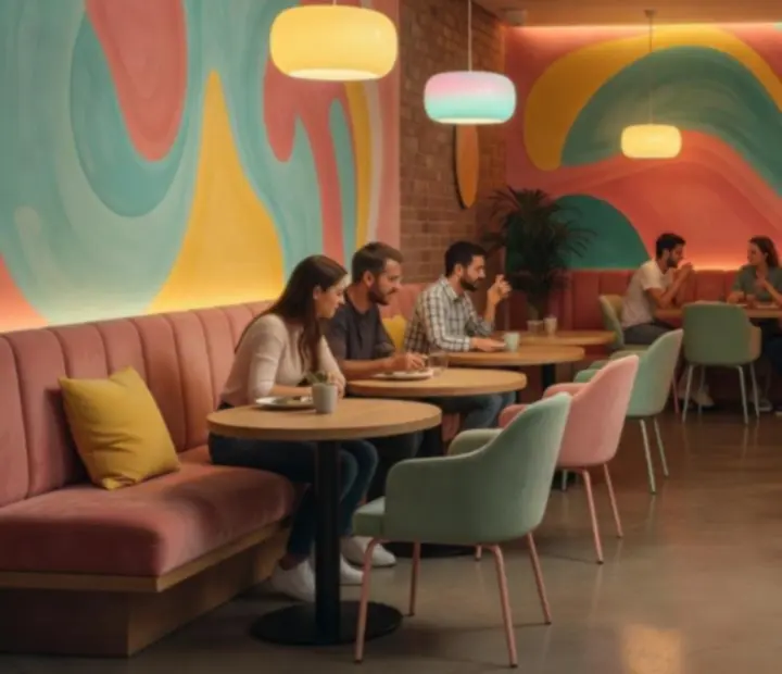 Modern Australian restaurant interior with neon lighting and colourful pastel accents