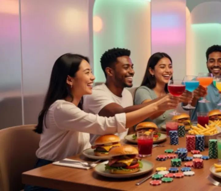 A group of friends celebrating a birthday dinner at Midnight Stack Supper with food and poker chips on the table