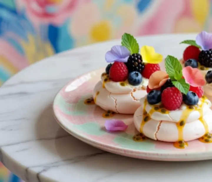 Signature pavlova dessert topped with fresh fruit at Midnight Stack Supper