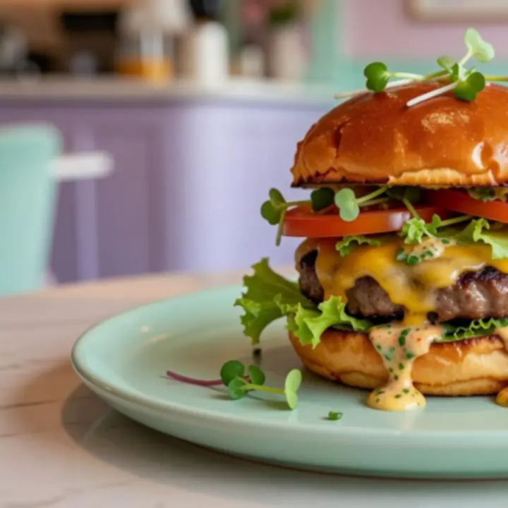 Signature gourmet burger stacked with toppings at Midnight Stack Supper